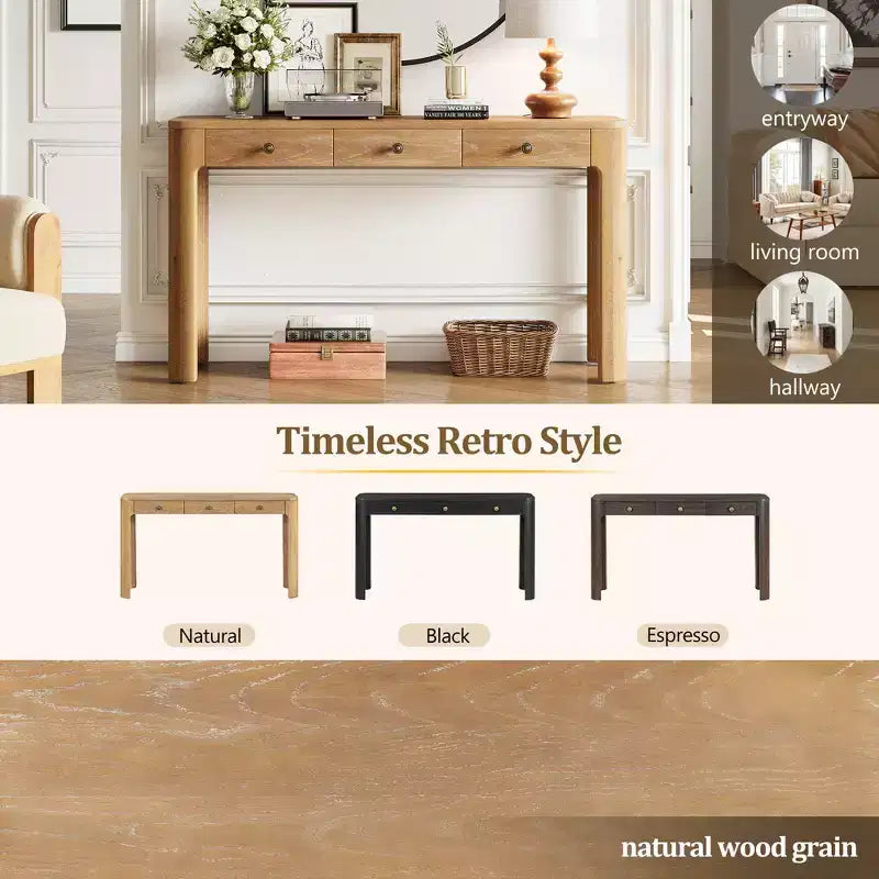 Console rustique de 52 po avec 3 tiroirs – Noir / Expresso / Naturel