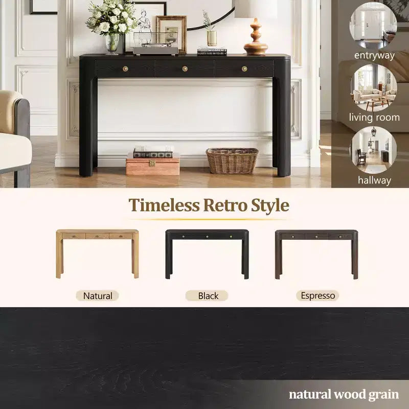 Console rustique de 52 po avec 3 tiroirs – Noir / Expresso / Naturel