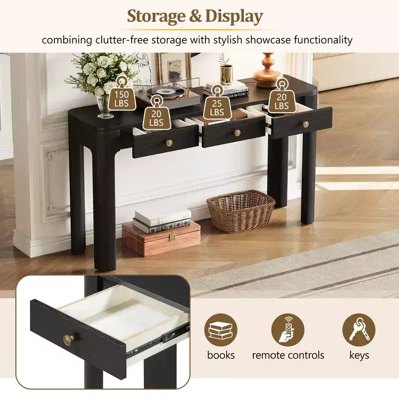 Console rustique de 52 po avec 3 tiroirs – Noir / Expresso / Naturel