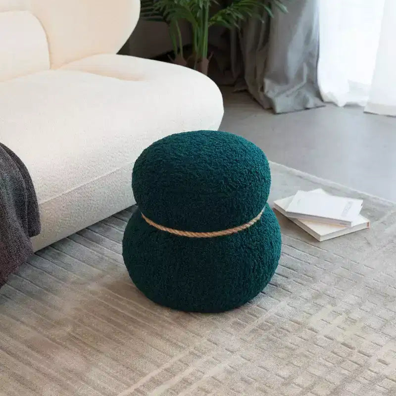 Ottoman Bonhomme de Neige Rond – Marron / Vert / Blanc, Siège Simple, Revêtement en Laine
