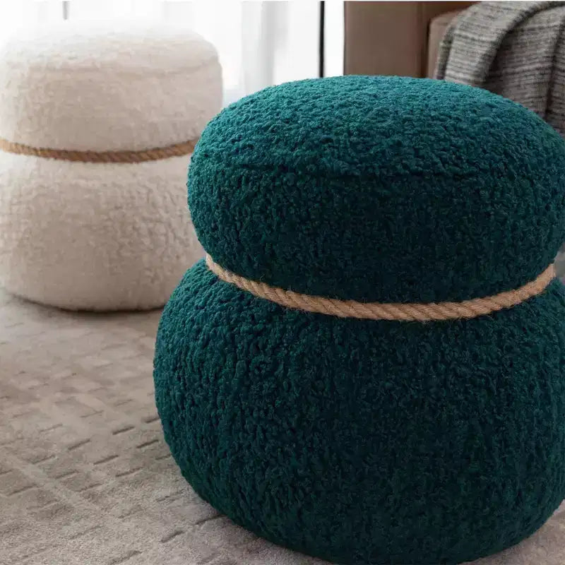 Ottoman Bonhomme de Neige Rond – Marron / Vert / Blanc, Siège Simple, Revêtement en Laine