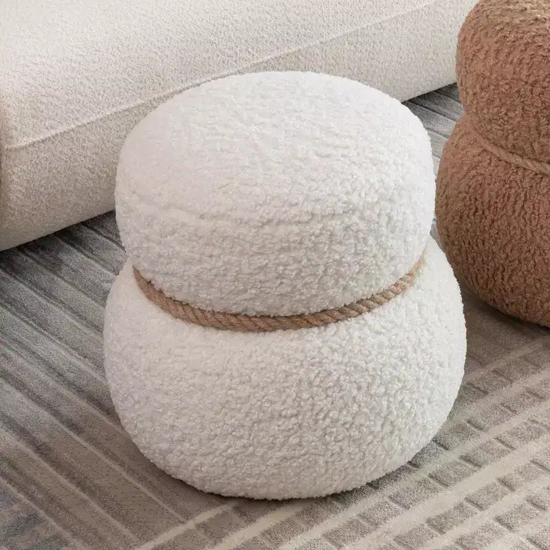Ottoman Bonhomme de Neige Rond – Marron / Vert / Blanc, Siège Simple, Revêtement en Laine