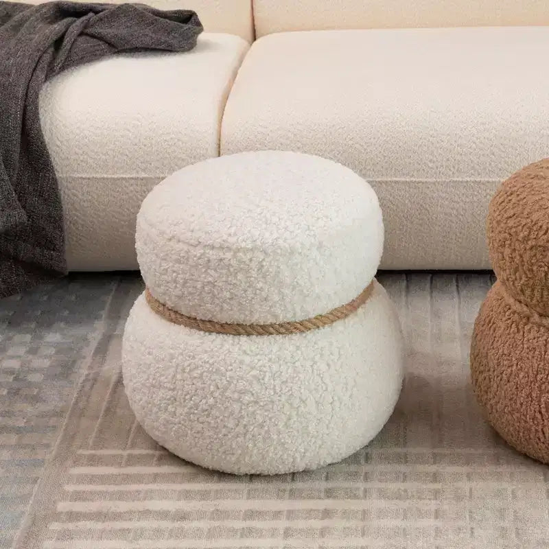 Ottoman Bonhomme de Neige Rond – Marron / Vert / Blanc, Siège Simple, Revêtement en Laine