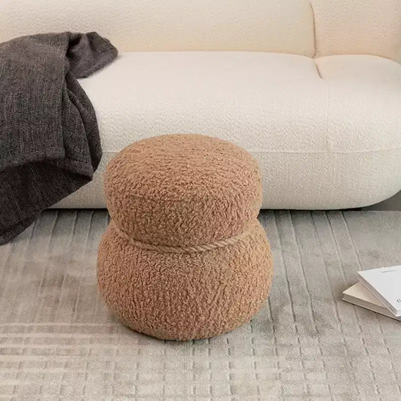 Ottoman Bonhomme de Neige Rond – Marron / Vert / Blanc, Siège Simple, Revêtement en Laine