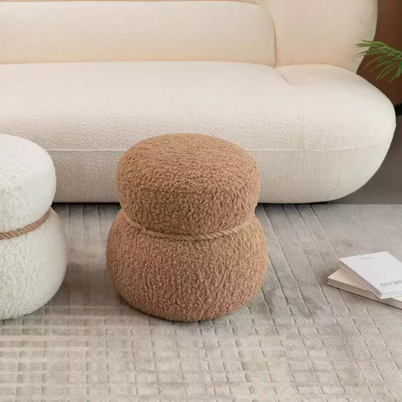 Ottoman Bonhomme de Neige Rond – Marron / Vert / Blanc, Siège Simple, Revêtement en Laine