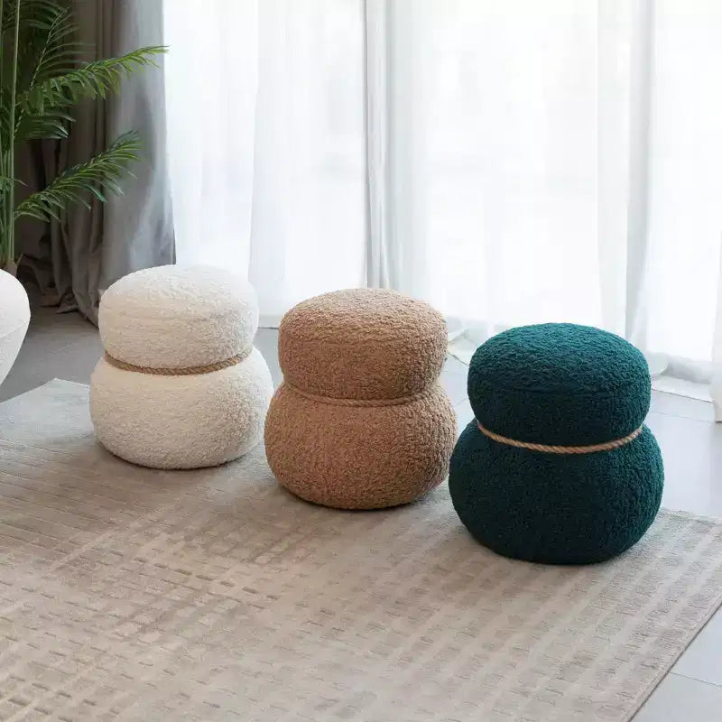Ottoman Bonhomme de Neige Rond – Marron / Vert / Blanc, Siège Simple, Revêtement en Laine