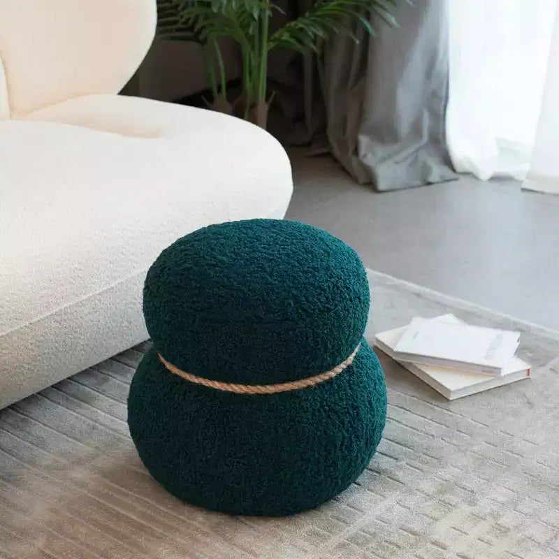 Ottoman Bonhomme de Neige Rond – Marron / Vert / Blanc, Siège Simple, Revêtement en Laine