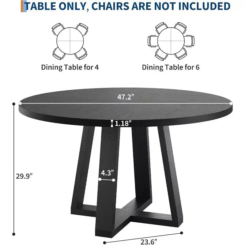 Table de salle à manger ronde 119 cm, Gris lavé / Noir grain de bois, pied en croix, 4 à 6 places