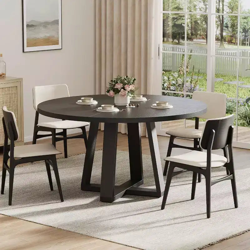 Table de salle à manger ronde 119 cm, Gris lavé / Noir grain de bois, pied en croix, 4 à 6 places