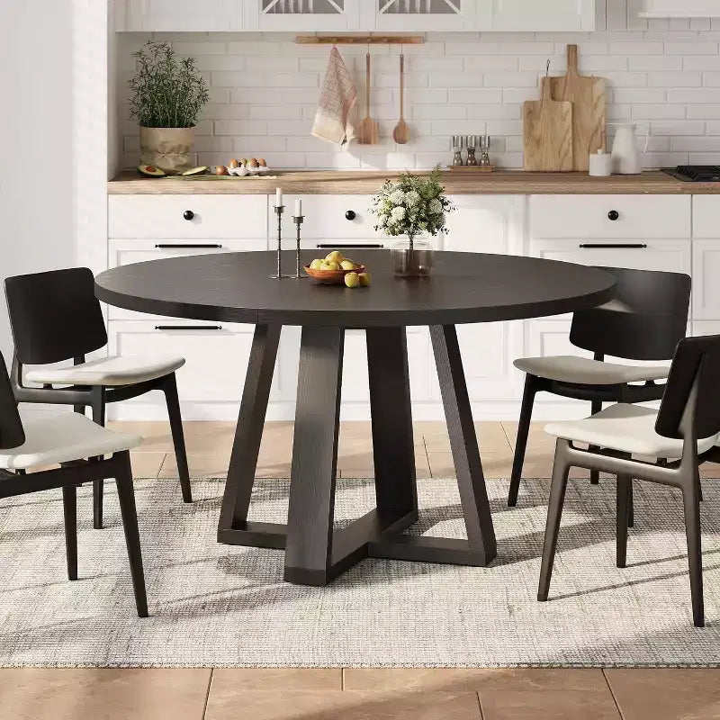 Table de salle à manger ronde 119 cm, Gris lavé / Noir grain de bois, pied en croix, 4 à 6 places