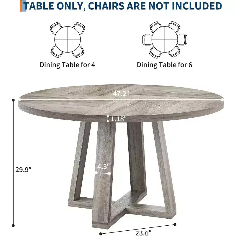 Table de salle à manger ronde 119 cm, Gris lavé / Noir grain de bois, pied en croix, 4 à 6 places