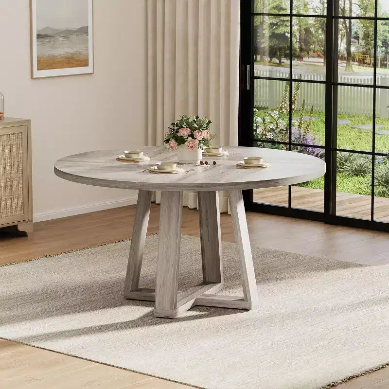 Table de salle à manger ronde 119 cm, Gris lavé / Noir grain de bois, pied en croix, 4 à 6 places