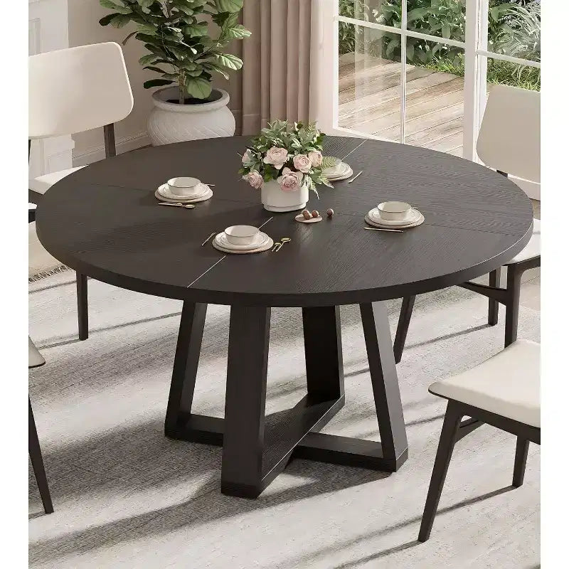 Table de salle à manger ronde 119 cm, Gris lavé / Noir grain de bois, pied en croix, 4 à 6 places