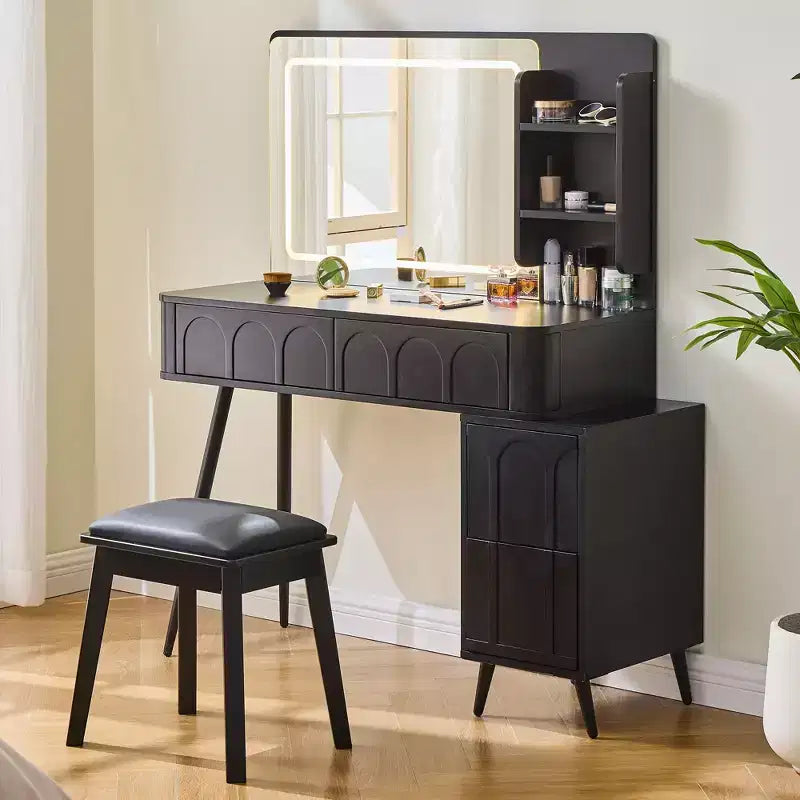 Table de toilette moderne noire avec tabouret, 2 personnes, 4 tiroirs