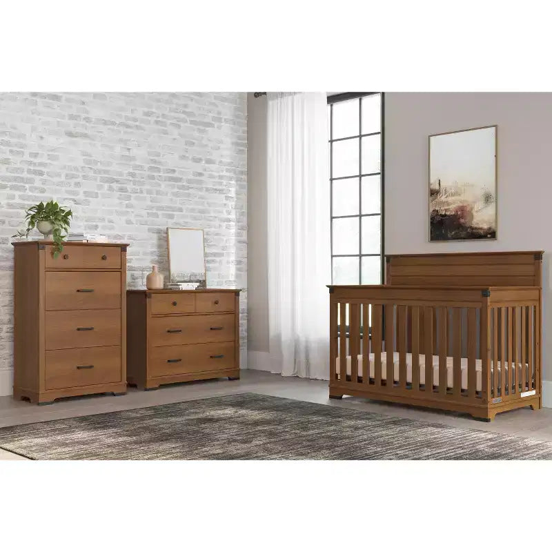 Lit convertible 4-en-1, commode et meuble de rangement Coach Cherry / Dapper Gray pour chambre de bébé – 3 pièces, 1 enfant