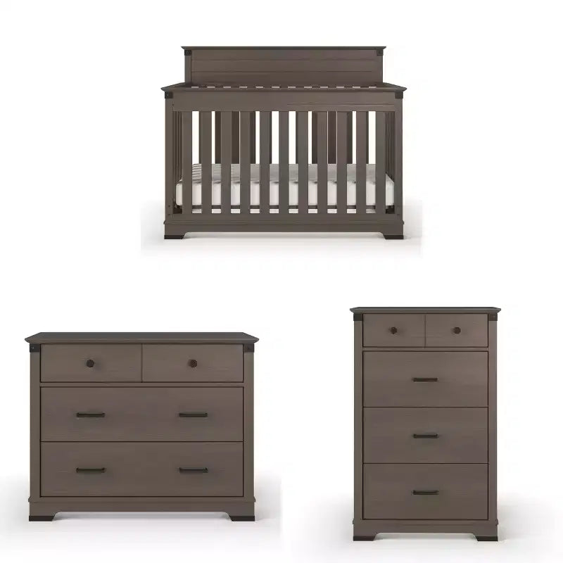 Lit convertible 4-en-1, commode et meuble de rangement Coach Cherry / Dapper Gray pour chambre de bébé – 3 pièces, 1 enfant