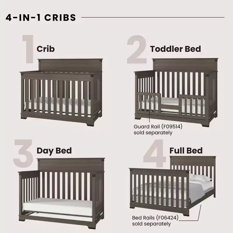 Lit convertible 4-en-1, commode et meuble de rangement Coach Cherry / Dapper Gray pour chambre de bébé – 3 pièces, 1 enfant