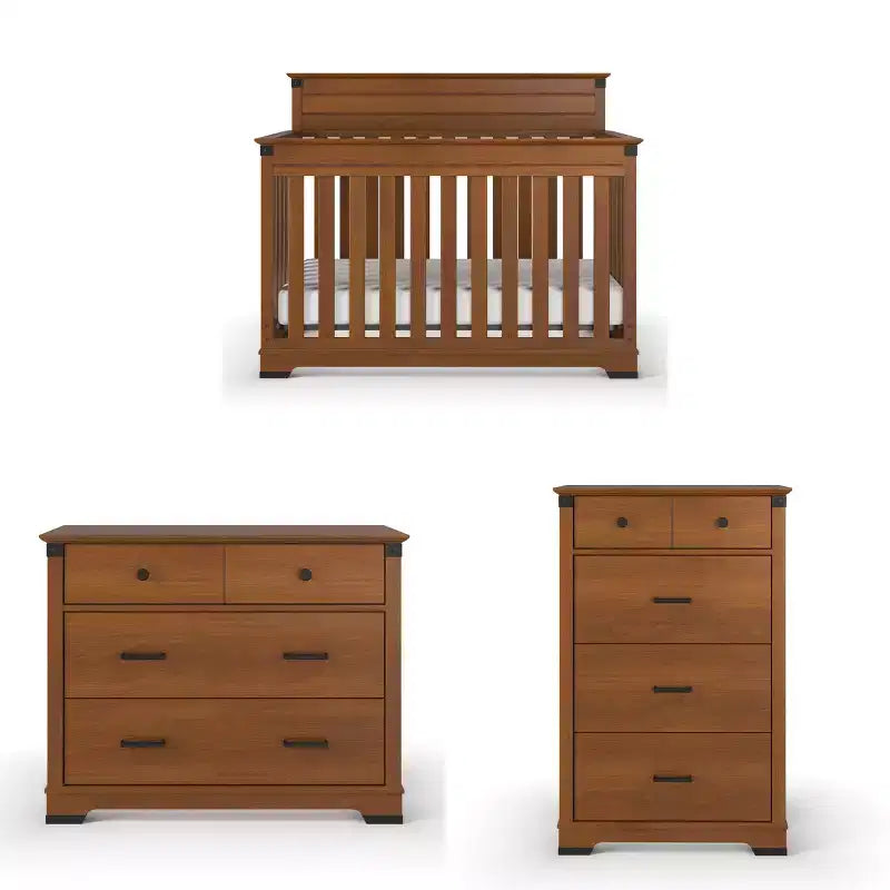 Lit convertible 4-en-1, commode et meuble de rangement Coach Cherry / Dapper Gray pour chambre de bébé – 3 pièces, 1 enfant