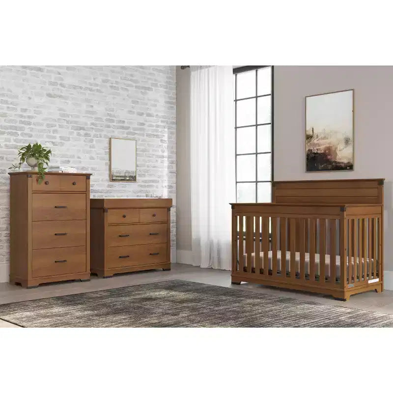 Lit convertible 4-en-1, commode et meuble de rangement Coach Cherry / Dapper Gray pour chambre de bébé – 3 pièces, 1 enfant