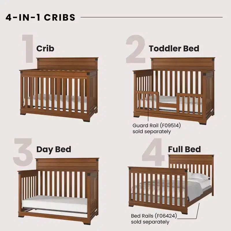 Lit convertible 4-en-1, commode et meuble de rangement Coach Cherry / Dapper Gray pour chambre de bébé – 3 pièces, 1 enfant