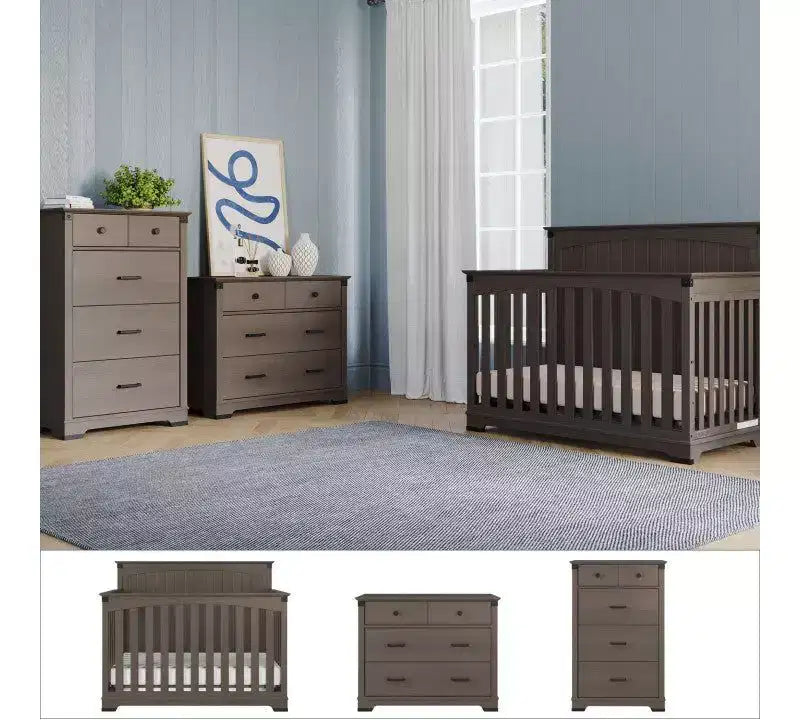 Lit convertible 4-en-1, commode et meuble de rangement Coach Cherry / Dapper Gray pour chambre de bébé – 3 pièces, 1 enfant