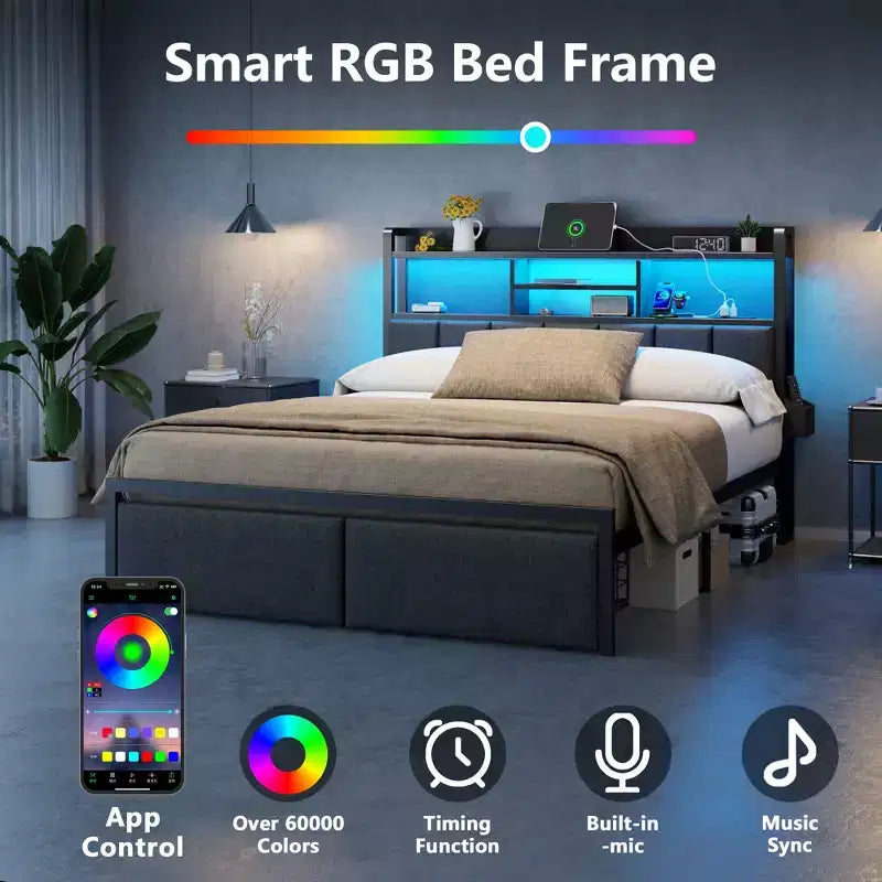 Cadre de lit plateforme rembourré en chêne noir pleine grandeur avec tiroirs de rangement, lumières LED et station de recharge – Pour 1 personne