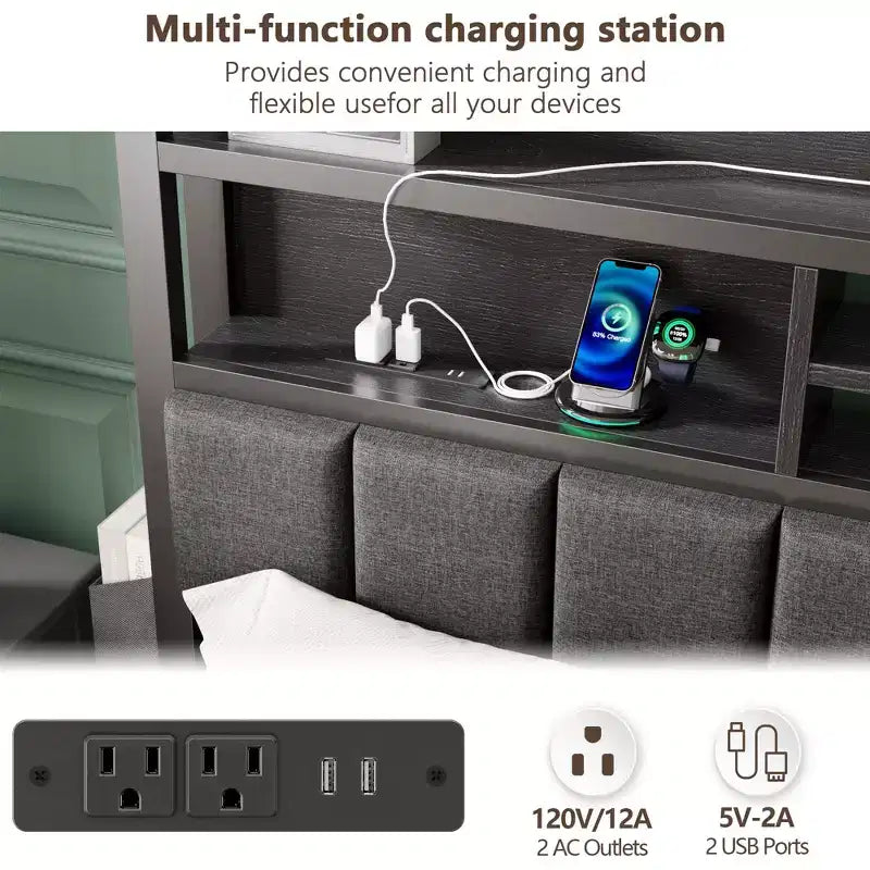 Cadre de lit plateforme rembourré en chêne noir pleine grandeur avec tiroirs de rangement, lumières LED et station de recharge – Pour 1 personne