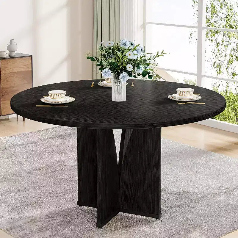 Table à manger ronde noire pour 4, style ferme, MDF