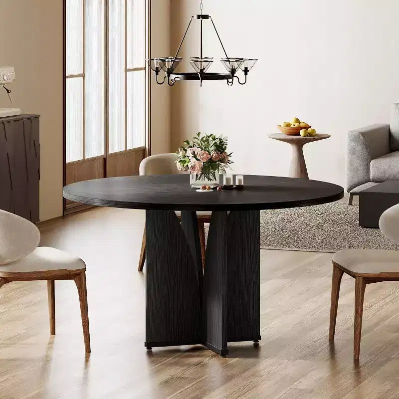 Table à manger ronde noire pour 4, style ferme, MDF