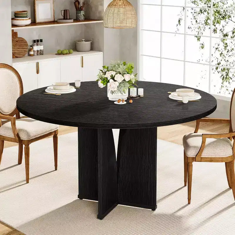 Table à manger ronde noire pour 4, style ferme, MDF