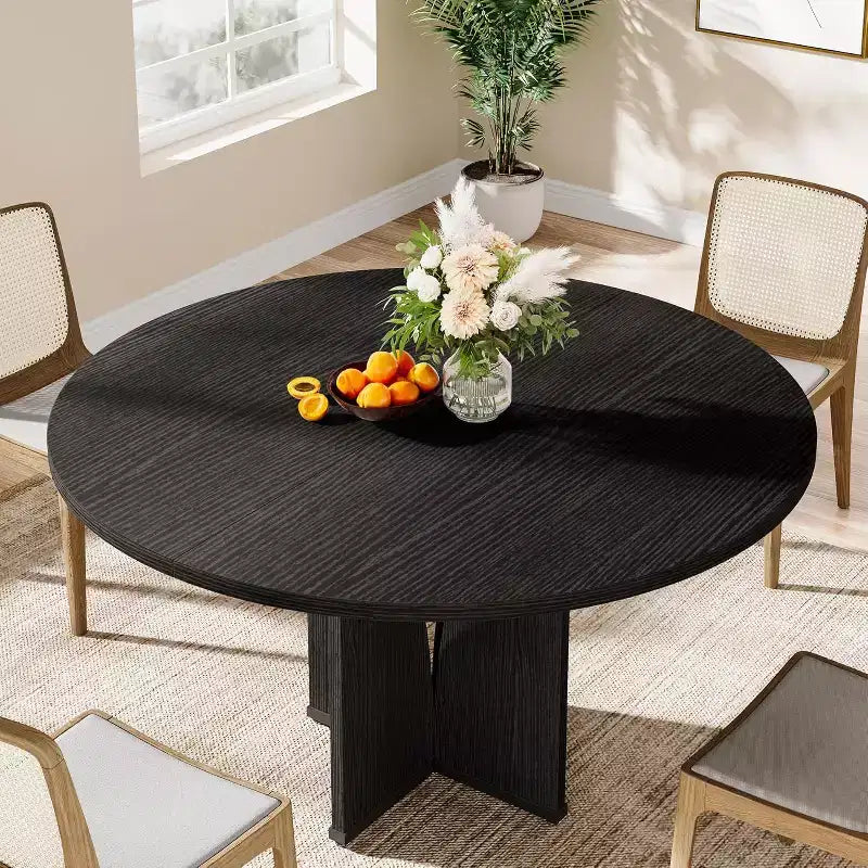 Table à manger ronde noire pour 4, style ferme, MDF