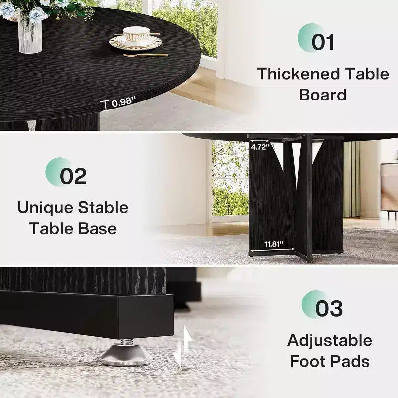 Table à manger ronde noire pour 4, style ferme, MDF