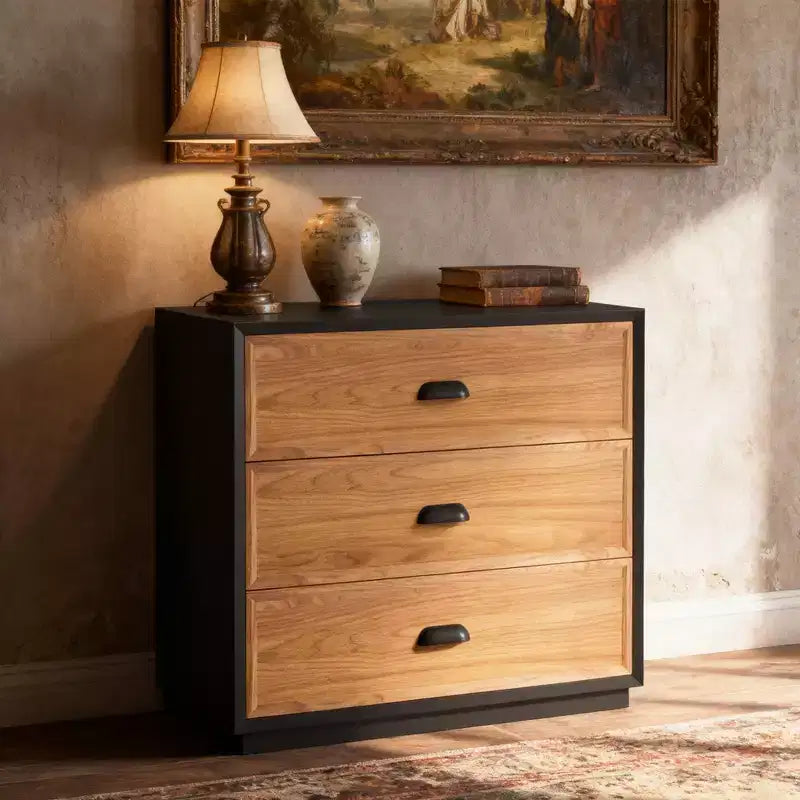 Table de chevet rustique marron en bois massif avec 3 tiroirs, table de nuit simple