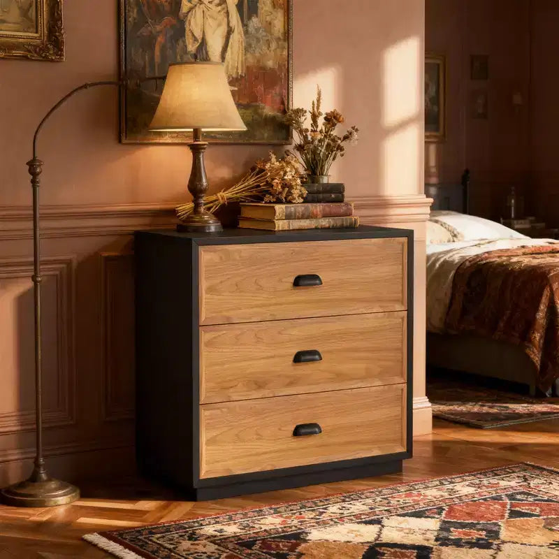 Table de chevet rustique marron en bois massif avec 3 tiroirs, table de nuit simple