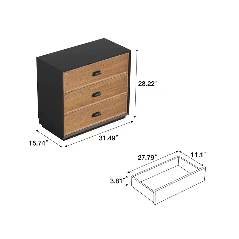 Table de chevet rustique marron en bois massif avec 3 tiroirs, table de nuit simple