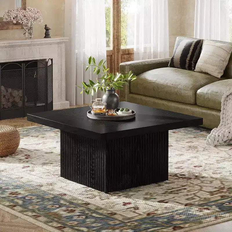 Table basse carrée noire, piédestal cannelé, pour 1 à 2 personnes
