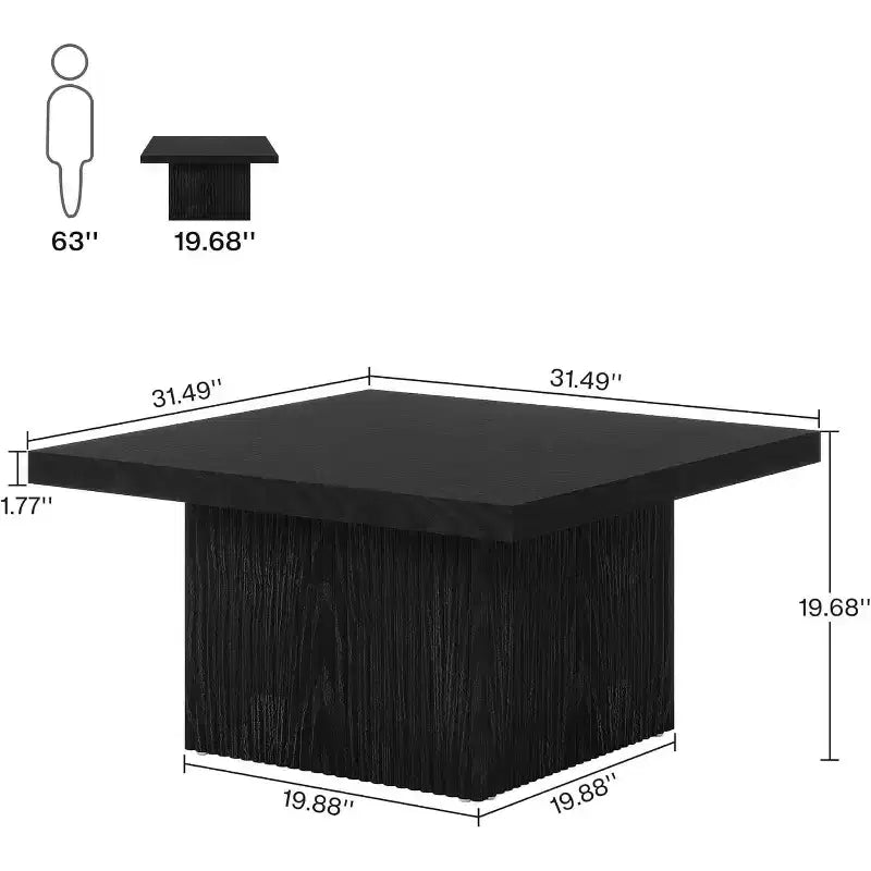 Table basse carrée noire, piédestal cannelé, pour 1 à 2 personnes
