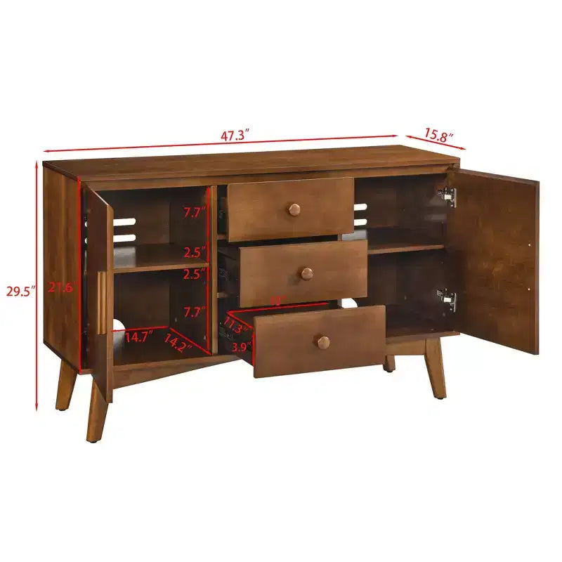 Buffet en noyer de style scandinave avec 2 portes et 3 tiroirs