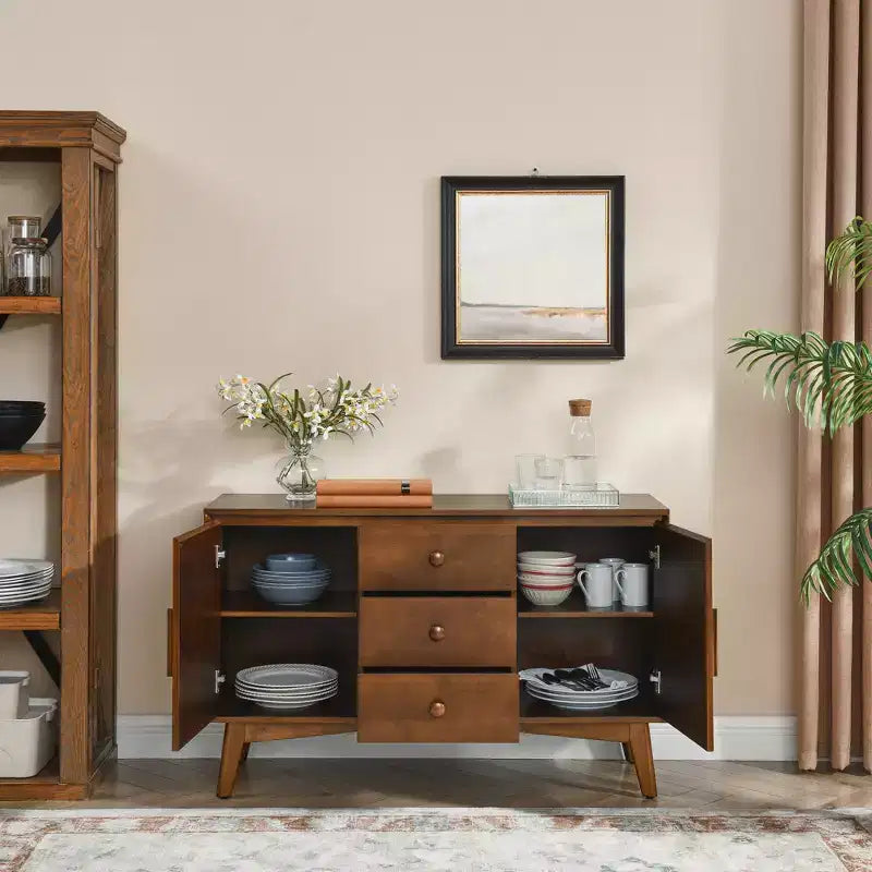 Buffet en noyer de style scandinave avec 2 portes et 3 tiroirs