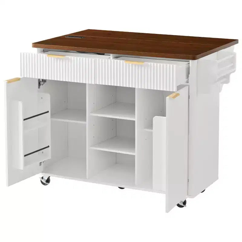 Îlot de cuisine roulant cannelé naturel/blanc avec abattant – 2 places