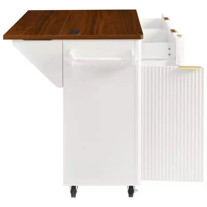 Îlot de cuisine roulant cannelé naturel/blanc avec abattant – 2 places