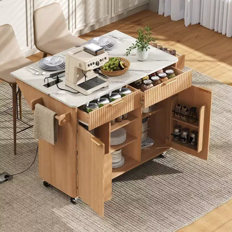 Îlot de cuisine roulant cannelé naturel/blanc avec abattant – 2 places