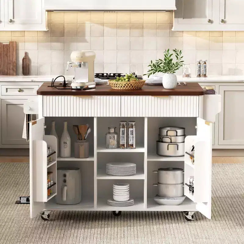 Îlot de cuisine roulant cannelé naturel/blanc avec abattant – 2 places