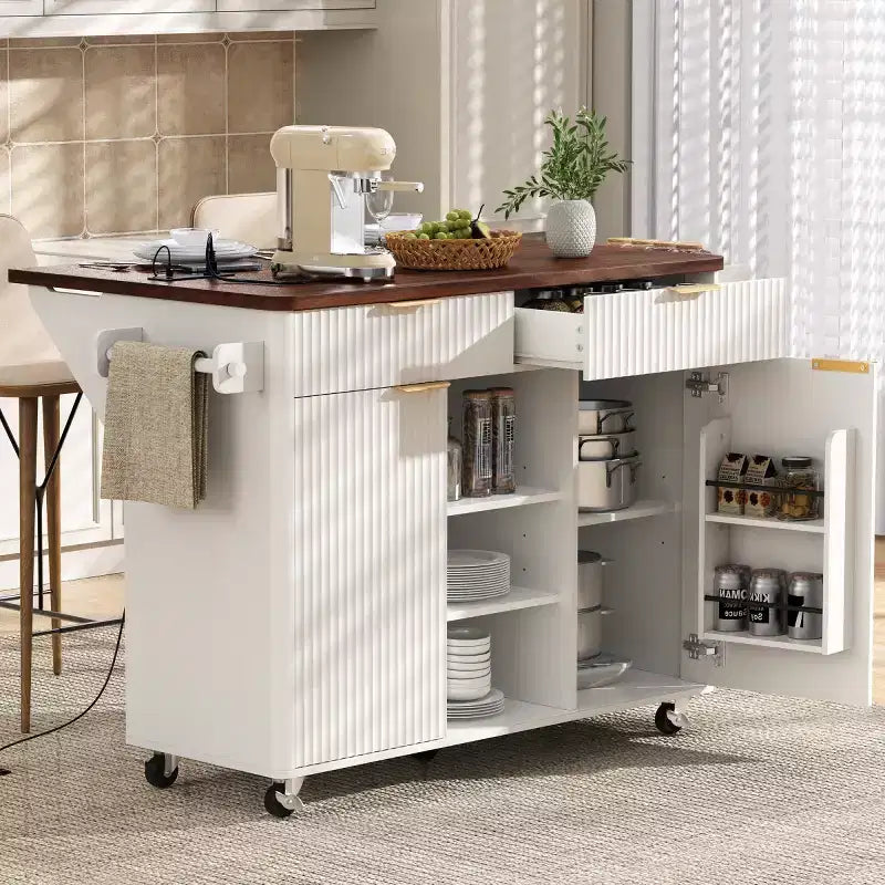 Îlot de cuisine roulant cannelé naturel/blanc avec abattant – 2 places