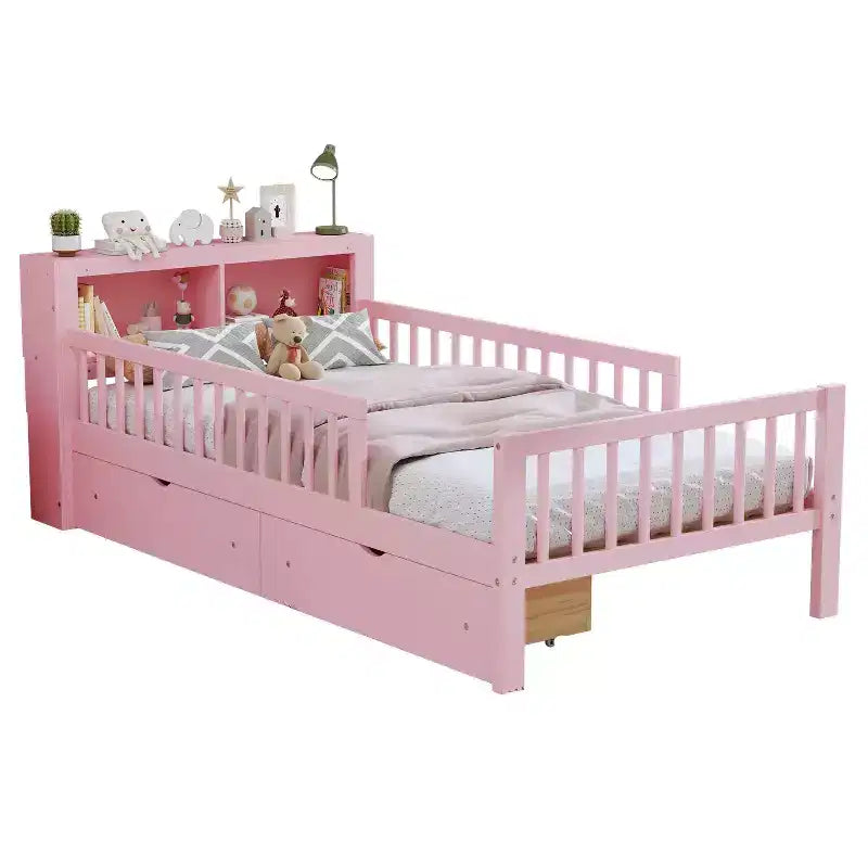 Lit double rose avec rangement, barrières de sécurité et tiroirs, 1 personne