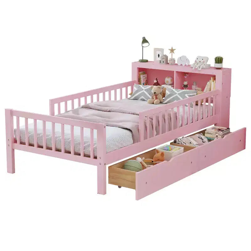 Lit double rose avec rangement, barrières de sécurité et tiroirs, 1 personne