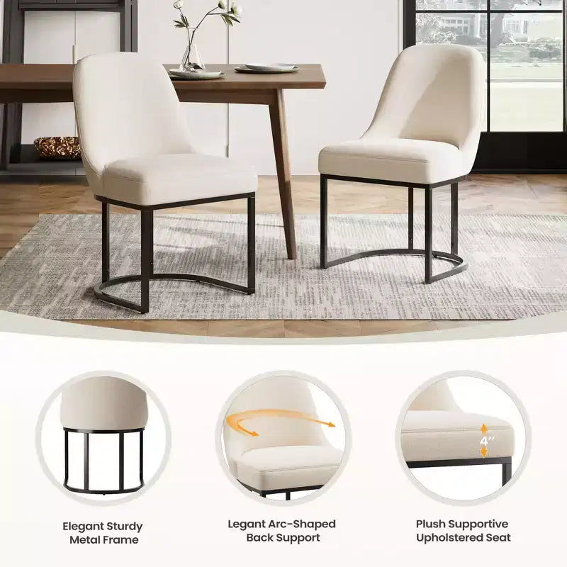Lot de 2 chaises de salle à manger rembourrées | Beige / Vert / Gris | Dossier incurvé et cadre métallique | 1 personne chacune