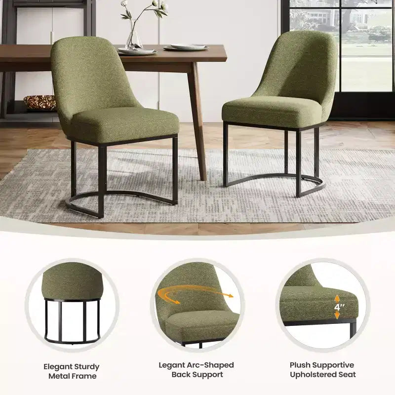 Lot de 2 chaises de salle à manger rembourrées | Beige / Vert / Gris | Dossier incurvé et cadre métallique | 1 personne chacune