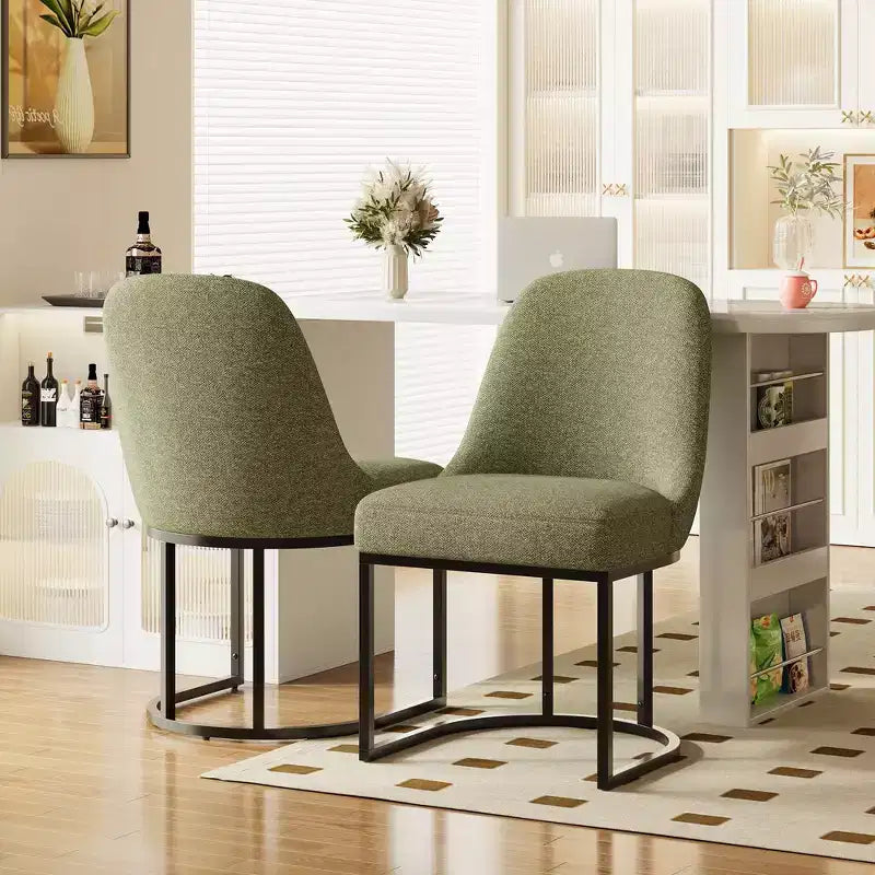 Lot de 2 chaises de salle à manger rembourrées | Beige / Vert / Gris | Dossier incurvé et cadre métallique | 1 personne chacune
