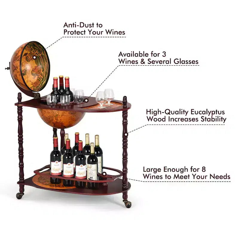 Bar et meuble à vin en forme de globe terrestre, style vieille carte du monde, peut contenir 9 bouteilles